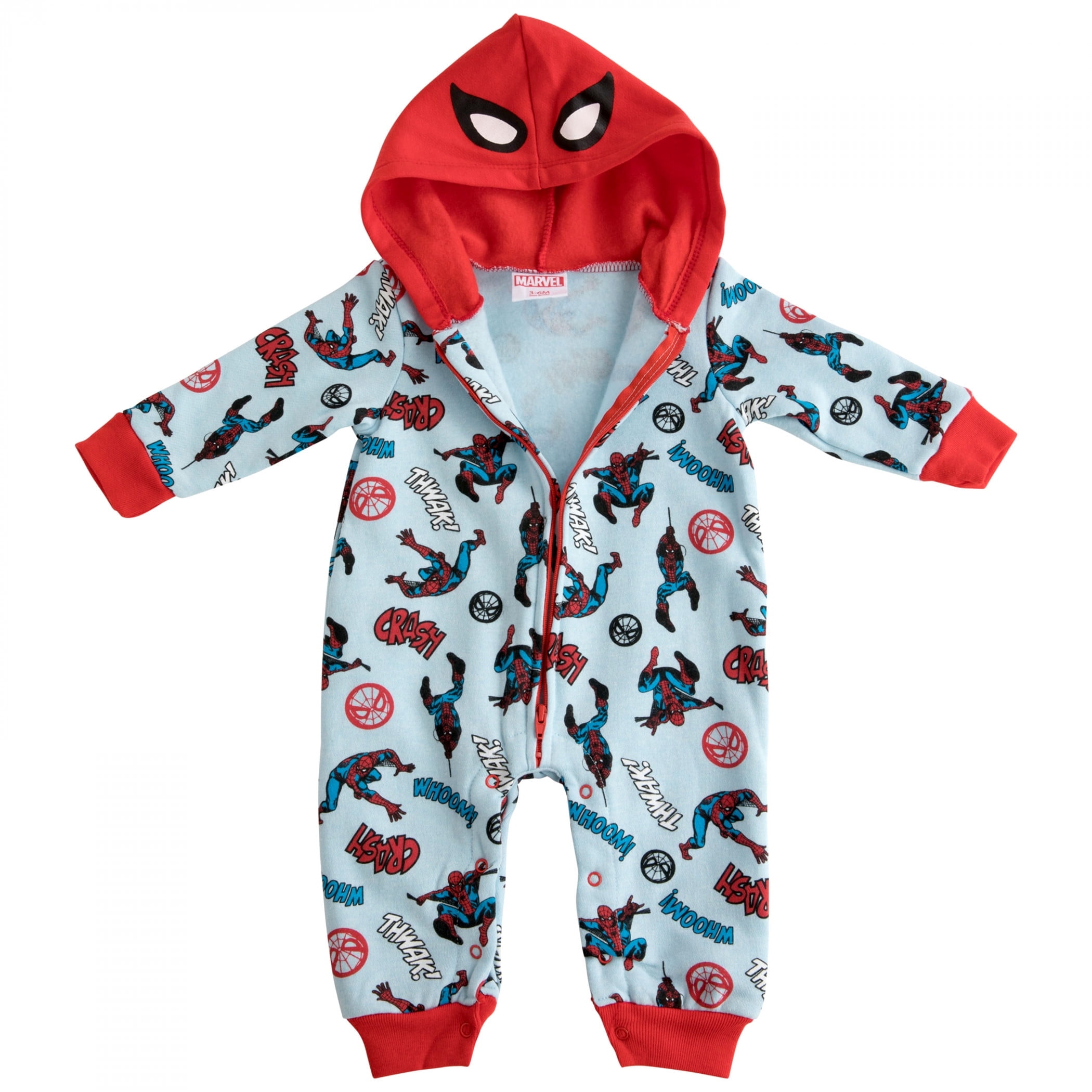 Spider-Man Baby Boys Bodysuit One Piece - Long-Sleeve Hooded Fleece Jumpsuit - Newborn Boy Clothes Blue/Red, 6-9 Months