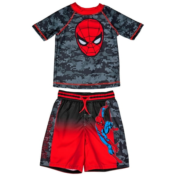 Spider-Man Face Logo with Camo Youth Swimshorts  and  Rashguard Set-Size 4