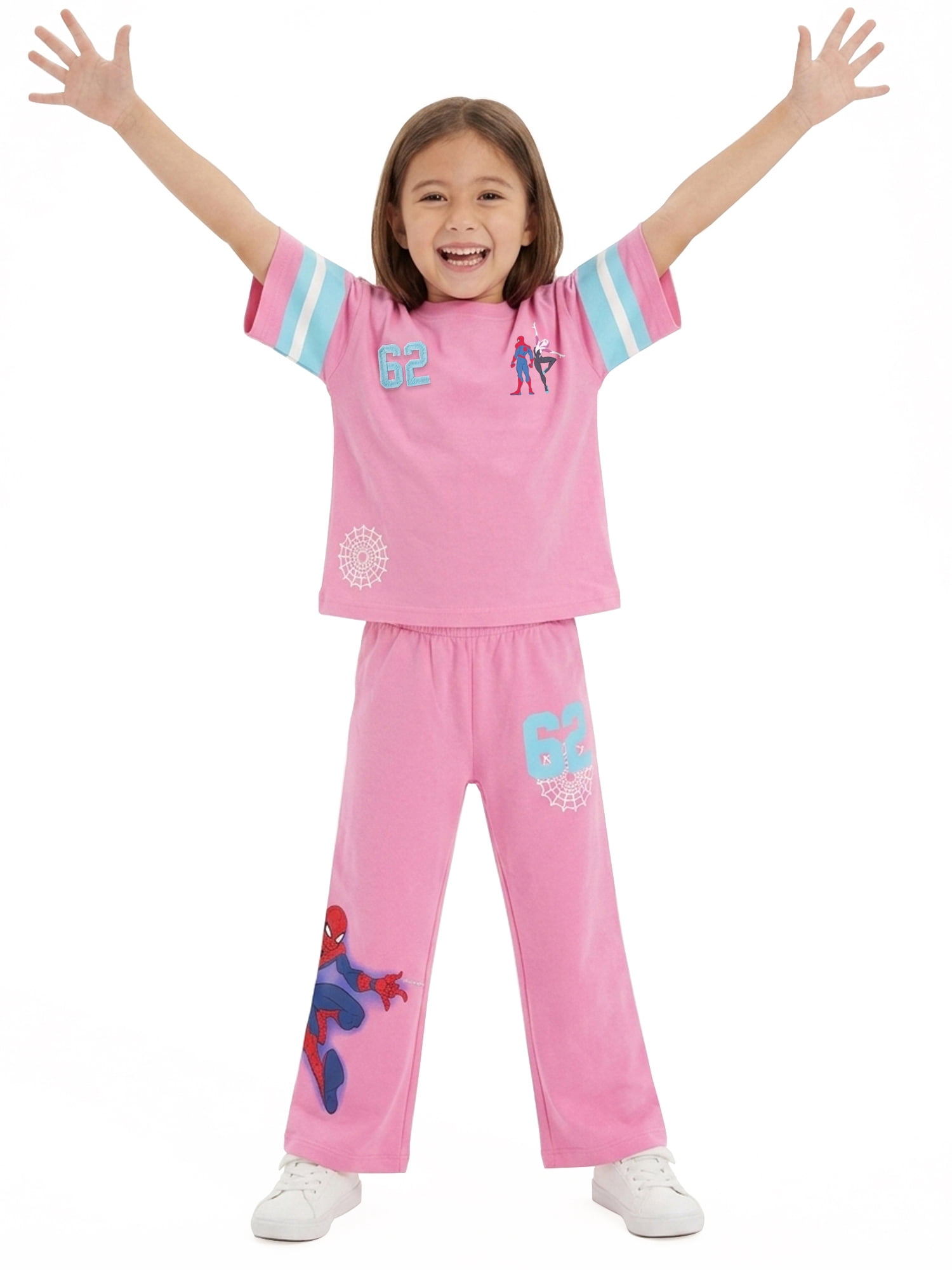 Spider-Man Girls' Athletic Front & Back T-shirt with Embroidery & Straight Leg Fleece Pants, 2-Piece, Sizes 4-16