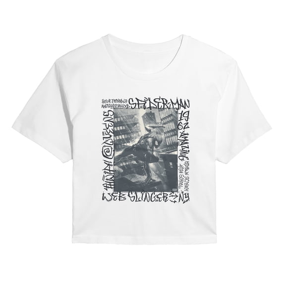 Spider-Man - Graffiti Action Photo - Juniors Cropped Graphic T-Shirt