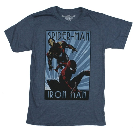 Spider-Man Iron Man Marvel Mens T-Shirt - Art Deco Poster Style Image (Large)