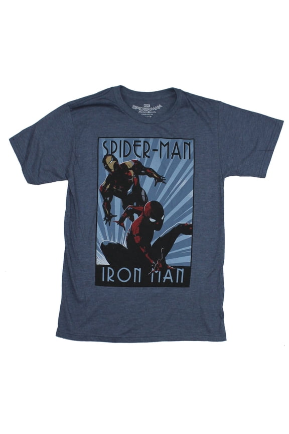 Spider-Man Iron Man Marvel Mens T-Shirt - Art Deco Poster Style Image (Large)