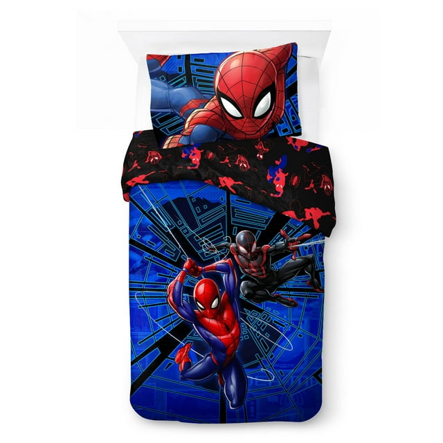 Spider-Man Kids 2-Piece Twin/Full Reversible Comforter and Pillowcase Bedding Set, Microfiber, Blue, Marvel