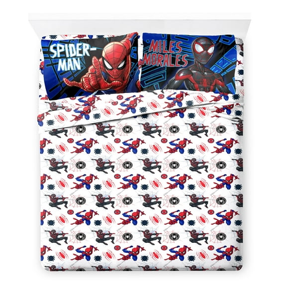 Spider-Man Techno City Kids 4 Piece White Bed Sheet Set, Full