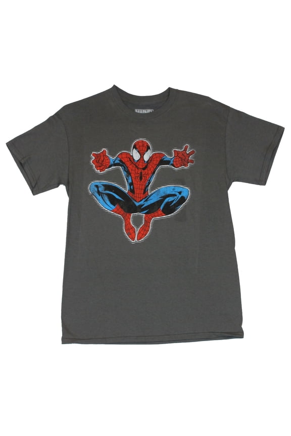 Spider-Man (Marvel Comics) Mens T-Shirt - Comic Style Crouch Jumping Image (grey, Medium)