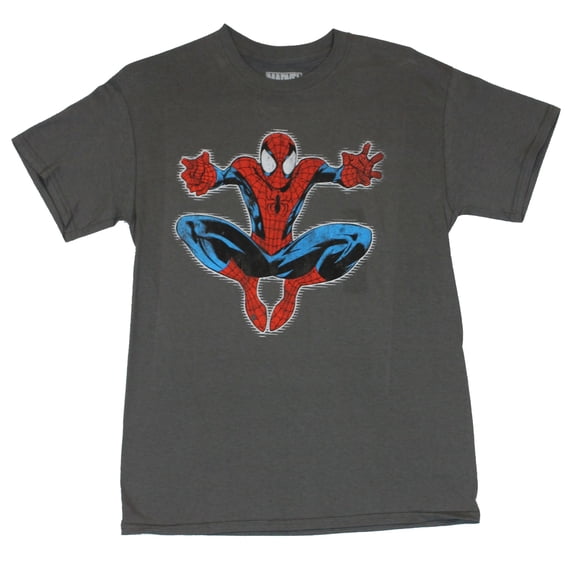 Spider-Man (Marvel Comics) Mens T-Shirt - Comic Style Crouch Jumping Image (grey, Medium)