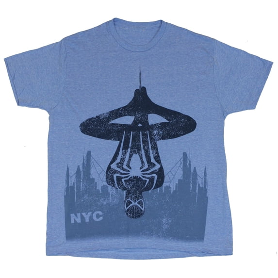 Spider-Man (Marvel Comics) Mens T-Shirt - Stylized NYC Upside Down Blue Spidey (Small)