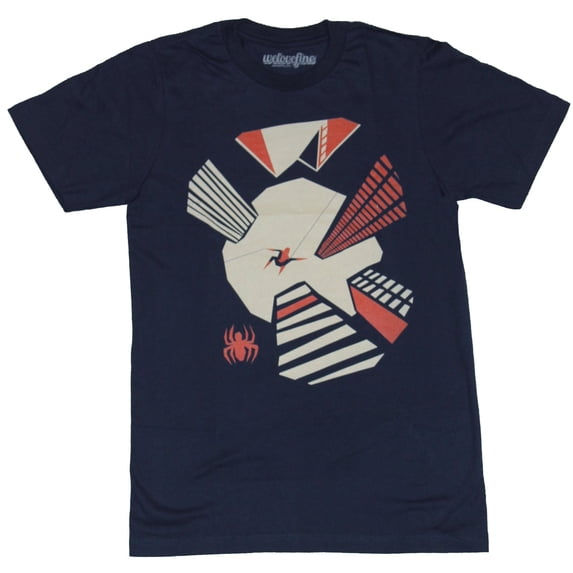 Spider-Man (Marvel Comics) Mens T-Shirt - Tiny Spidey Moonlit Skyscraper Swing (Small)