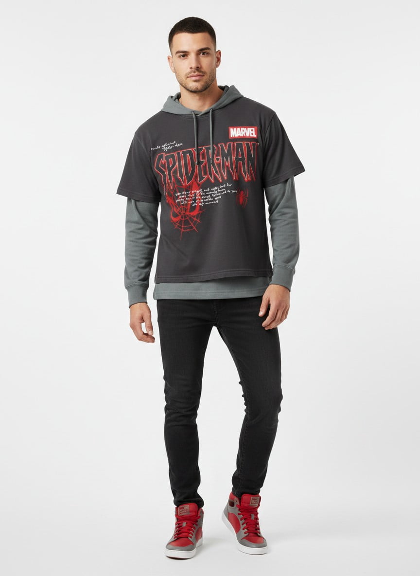Marvel Spider-Man Men's Layered Look Graphic Tee with Long Sleeve Hoodie, Sizes XS-3XL