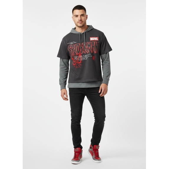 Marvel Spider-Man Men's Layered Look Graphic Tee with Long Sleeve Hoodie, Sizes XS-3XL