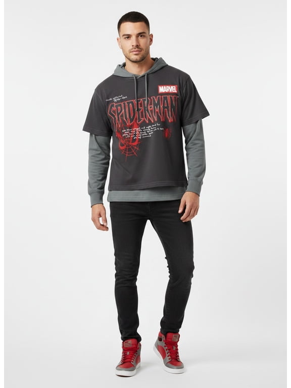 Marvel Spider-Man Men's Layered Look Graphic Tee with Long Sleeve Hoodie, Sizes XS-3XL