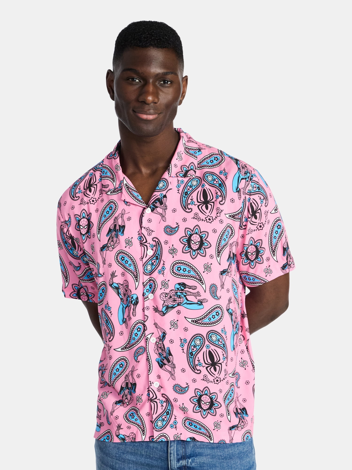 Spider-Man Men's and Big Men's Paisley Peter Graphic Button-Up Shirt, Sizes S-3XL