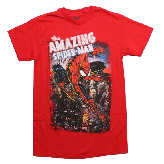 Spider-Man Mens T-Shirt - Flying Over Dark Distressed City Below Name (Small)