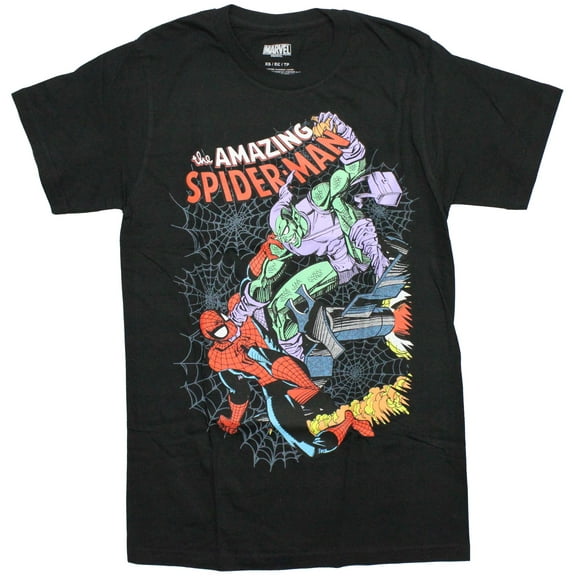 Spider-Man Mens T-Shirt - Spidey vs Green Goblin over Web (Large)