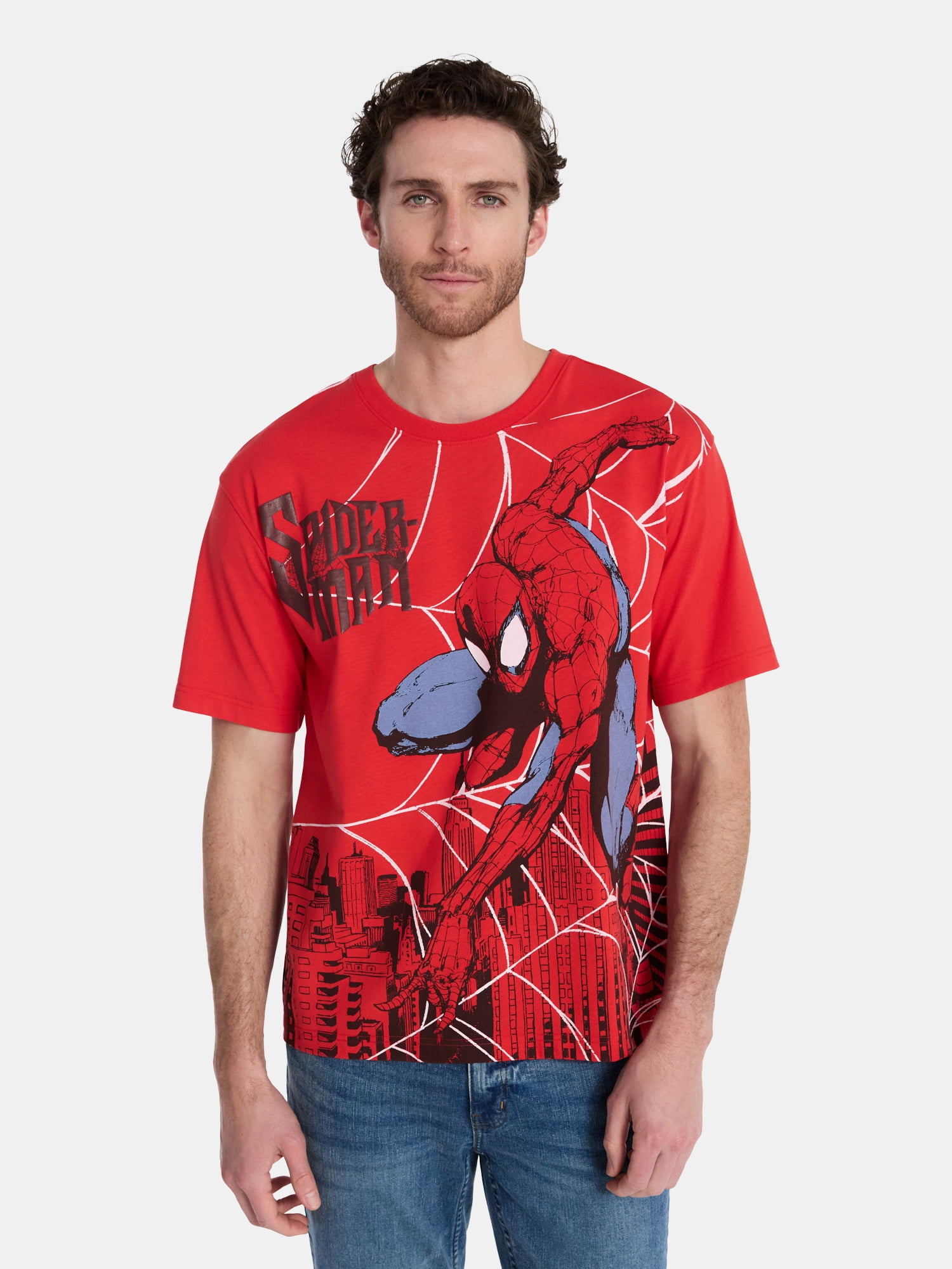 Spider-Man Men's Oversized Graphic Print Tee with Short Sleeves, Sizes S-3XL