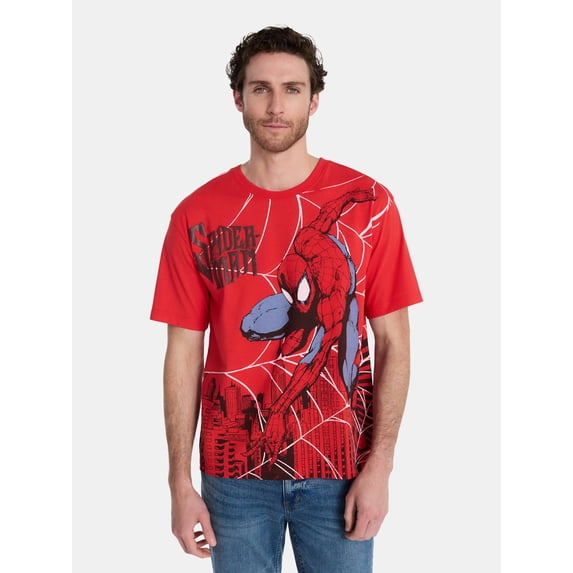 Spider-Man Men's Oversized Graphic Print Tee with Short Sleeves, Sizes S-3XL