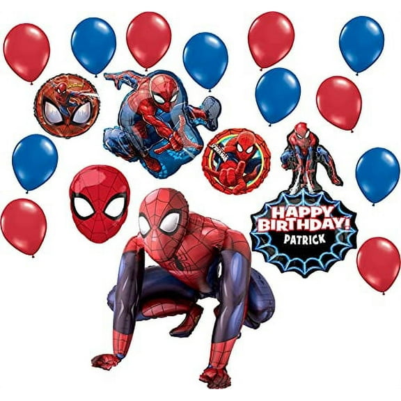 Spider-Man Party Supplies Personalized Birthday 18 pc Balloon Bouquet Decorations with Life Size Spider Man Airwalker