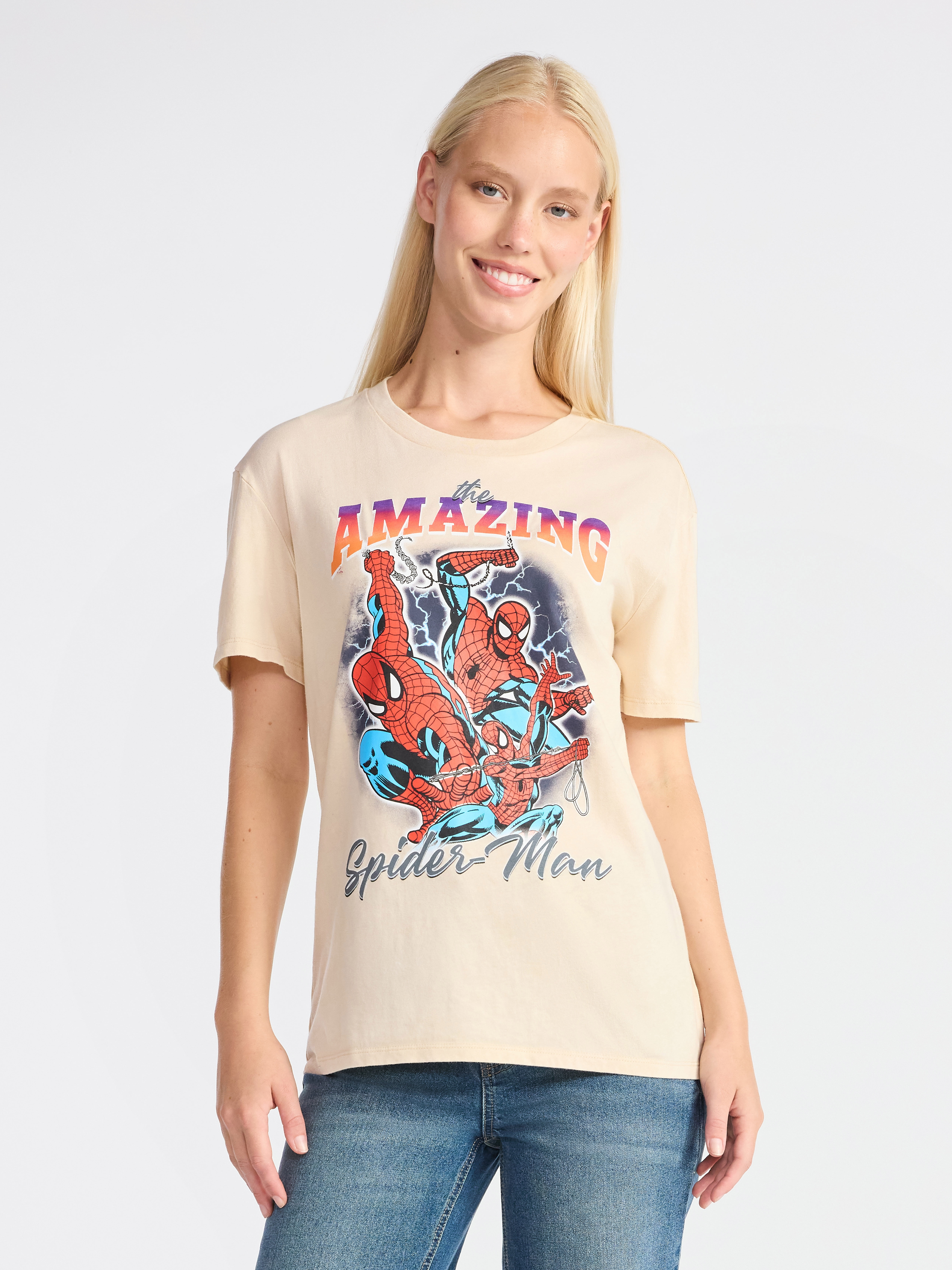Spider-Man Women's Graphic Print Washed Tee with Short Sleeves, Sizes XXS-XXL