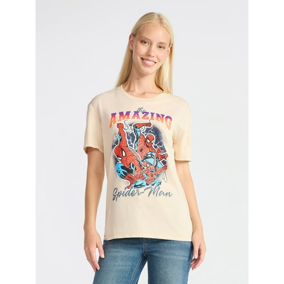 Spider-Man Women's Graphic Print Washed Tee with Short Sleeves, Sizes XXS-XXL