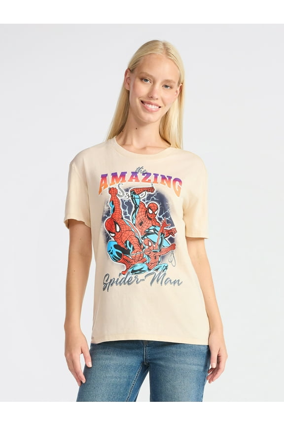 Spider-Man Women's Graphic Print Washed Tee with Short Sleeves, Sizes XXS-XXL