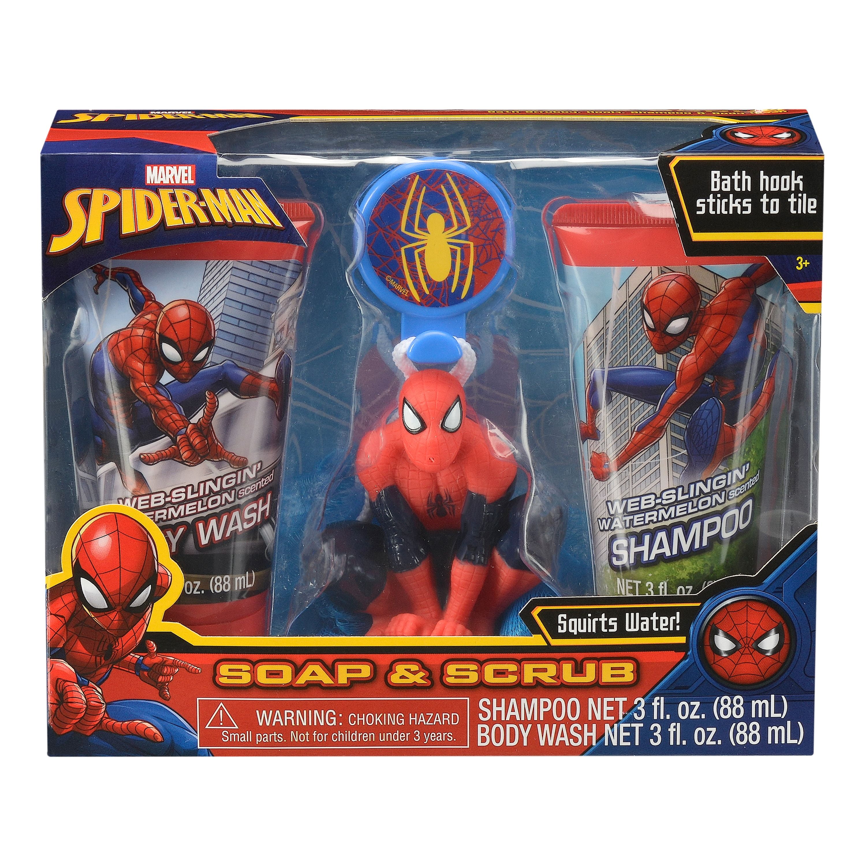 NEW Marvel SPIDER-MAN 4-Piece Soap & Scrub Body Wash & Shampoo Set Inclding  Hook