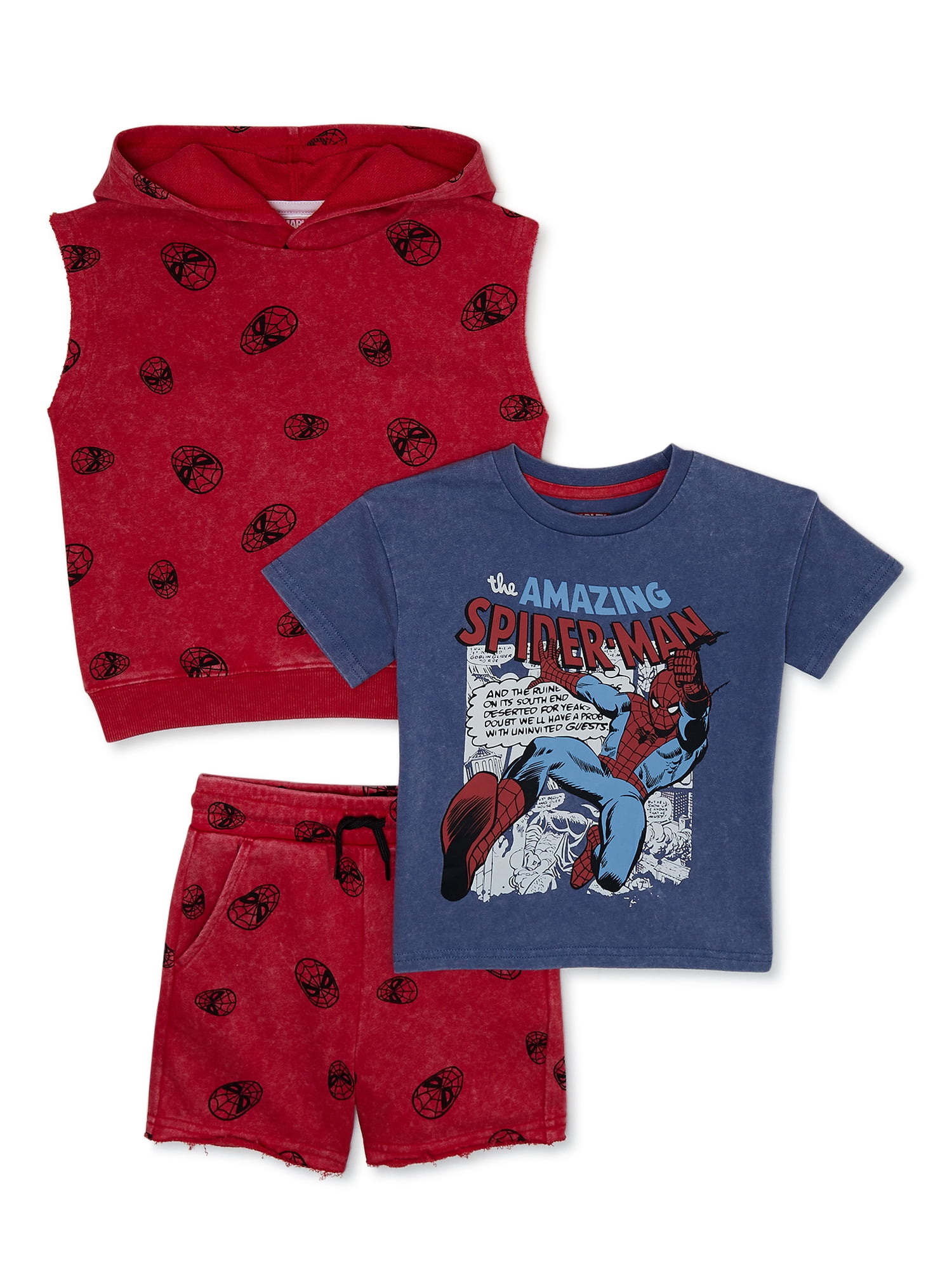 Spider-Man Toddler Boys All Over Print Hooded Muscle Top, Raw Edge Cut Off Short and Graphic Tee, 3 Piece Set, Sizes 12M-5T
