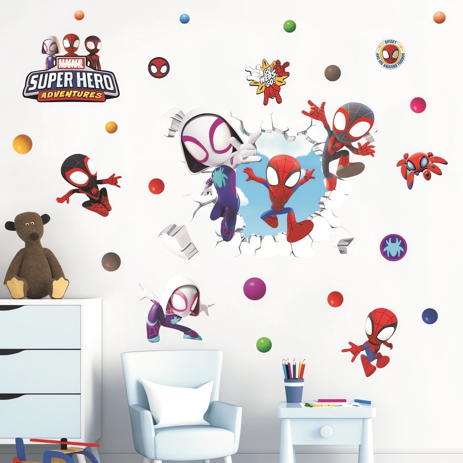 Spider-Man Wall Sticker For Bedroom Living Room Nursery Party Decorations Anime Cartoon Background Self-Adhesive Wall Decor Baby Boy Girl Kids Room Wall Mural Decor Poster Gift