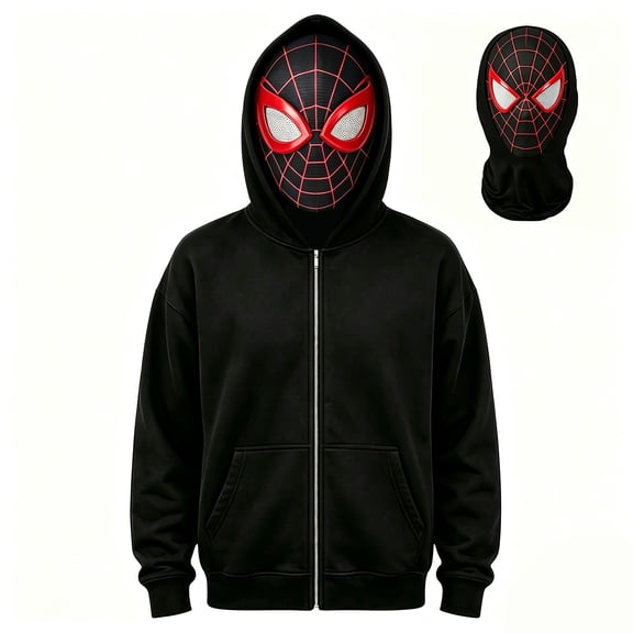 Spider Mask Hoodie Costume for Men and Women,Zip Up Hooded Sweatshirt with Separate Face Mask,Long Sleeve Jacket,Halloween Cosplay Outfit for Parties and Events