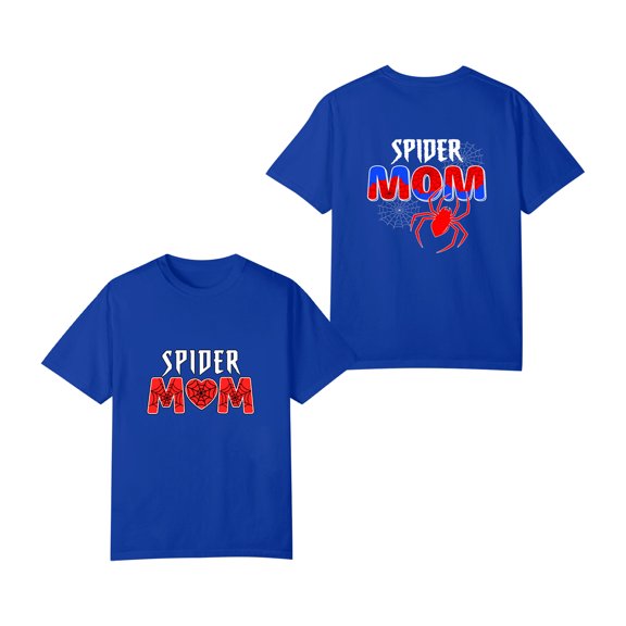 Spider Mom Family Matching T-Shirts, Funny Graphic Tee, Casual Short Sleeve Tops for Vacation Birthday, Double-Sided Print, Blue L