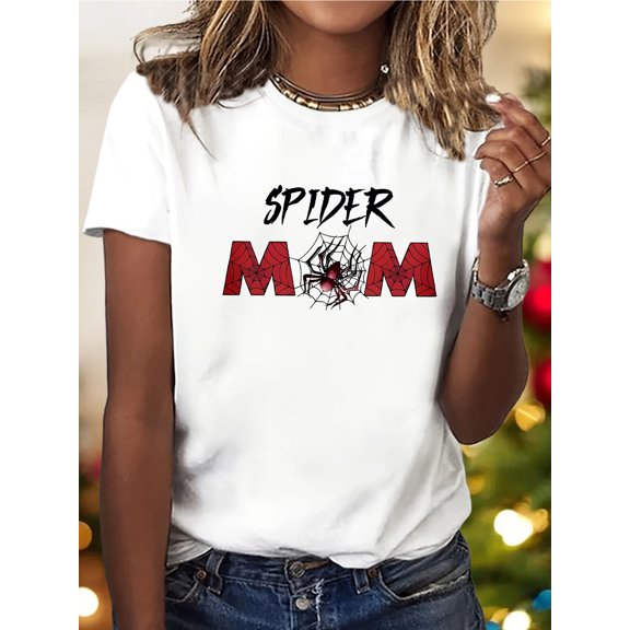 Spider Mom Graphic Print Women's Casual Short-Sleeve T-Shirt - Black with Red & White Lettering - Round Neck - Sizes S-XXL - Machine Washable - All-Season Comfort Fit
