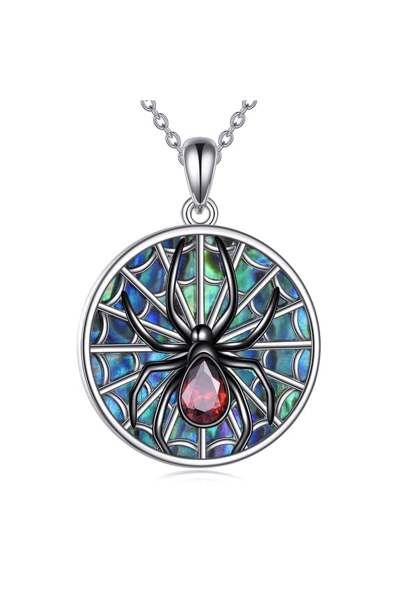 Spider Necklace S925 Sterling Silver Gothic Spider Pendant Necklace for Women Abalone Shell Web Design with Red Cubic Zirconia Animal Jewelry Gifts