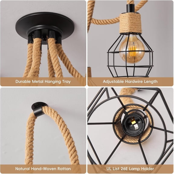 Spider Pendant Lights Kitchen Island, 6 Arms Industrial Hemp Rope Lamp, DIY Adjustable Chandelier Steampunk Hanging Ceiling Lighting Fixture for Dining Room,Farmhouse (6 Heads)