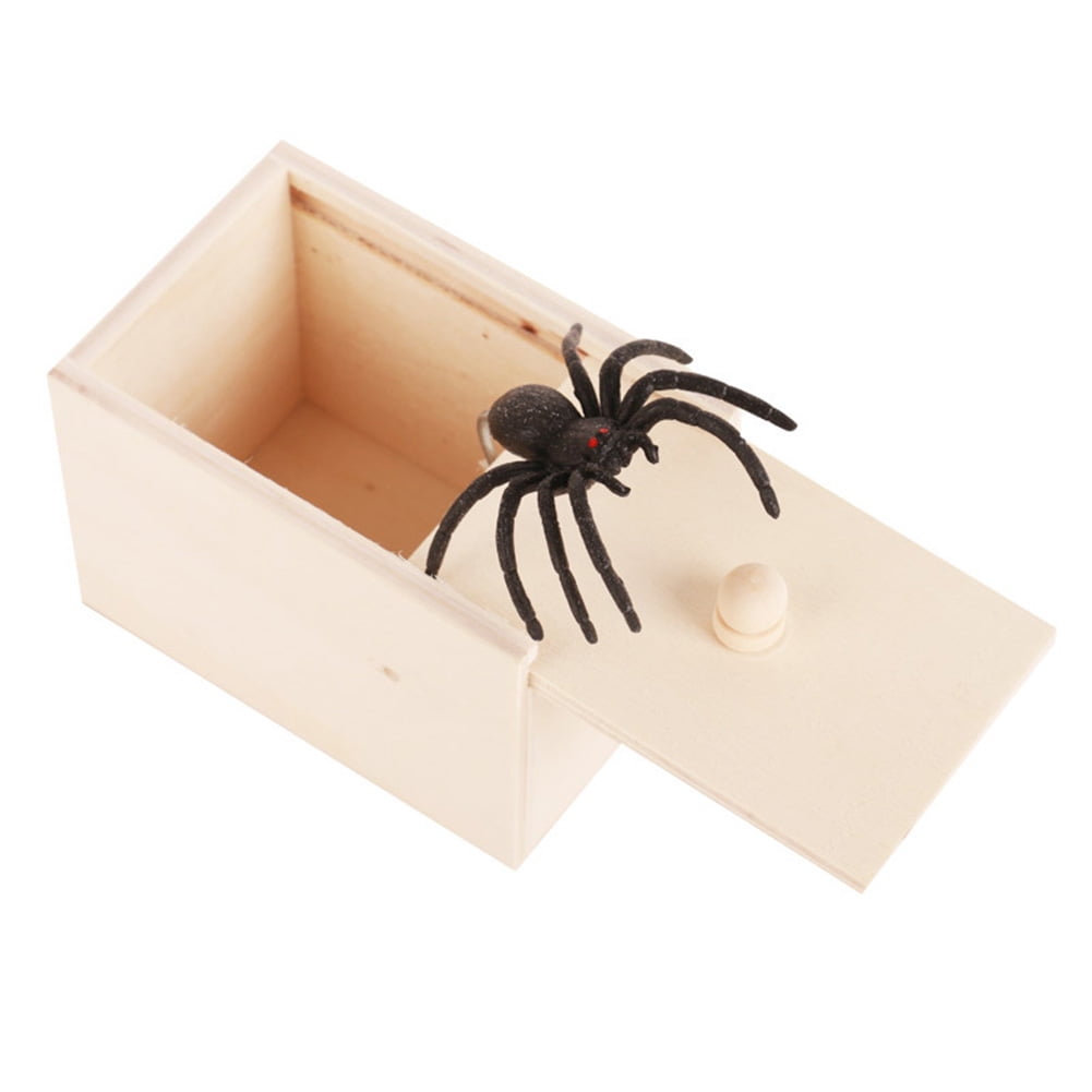 Natural Wood Spider Prank Box with Black Rubber Spider