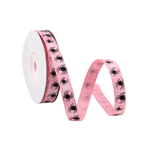 Black Spider Printed Halloween Ribbon, Pink Base Plastic Ribbon for Gift Wrapping, Halloween Party DIY Ornament Decor, Ideal for Gift Box, Jar Wrapping, Garland, Front Door