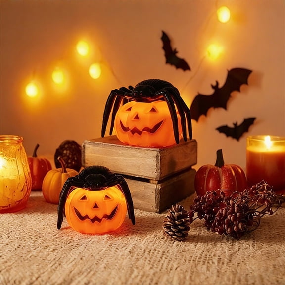 Spider Pumpkin LED Night Light, 4.13×3.15 Inch, Warm Glow Plastic Jack O Lantern Lamp Halloween Thanksgiving Decor