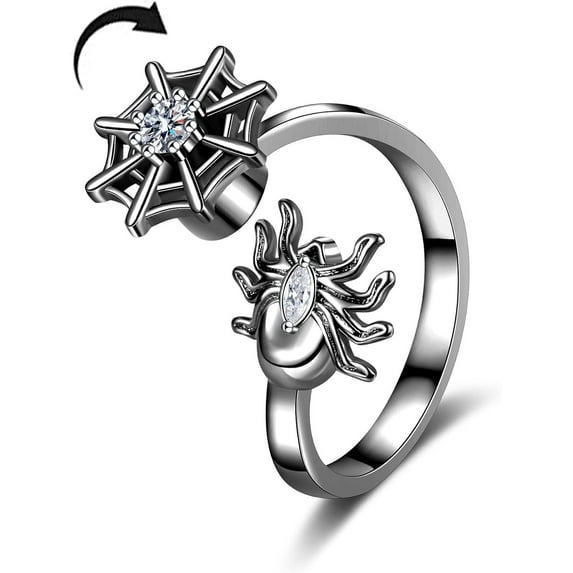 Spider Punk Spinner Fidget Ring for Women Men Stress Relieving Spider Web Personalized CZ Crystal Open Adjustable Stress Relieving Ring Jewelry Gift