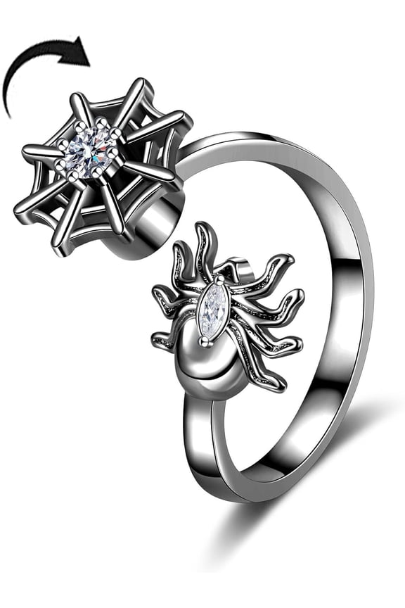 Spider Punk Spinner Fidget Ring for Women Men Stress Relieving Spider Web Personalized CZ Crystal Open Adjustable Stress Relieving Ring Jewelry Gift
