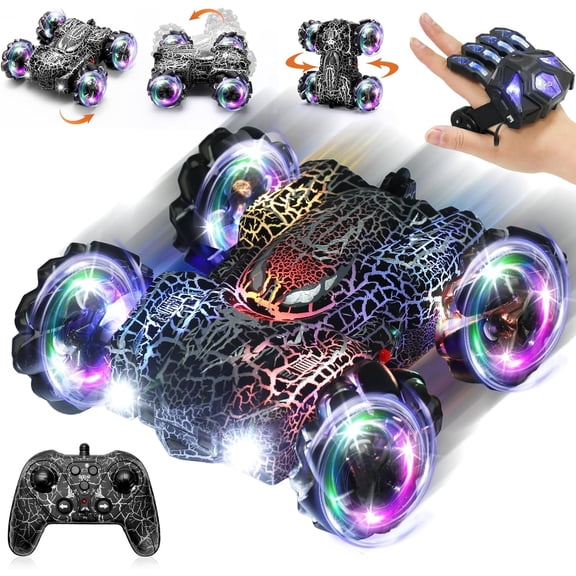 Spider RC Stunt Car for Kids Gesture Sensing, Double-Sided Remote Control Car with LED Lights, 2.4GHz Hand Controlled Rechargeable Toy Car for Boys & Girls Ages 412 - BLACK