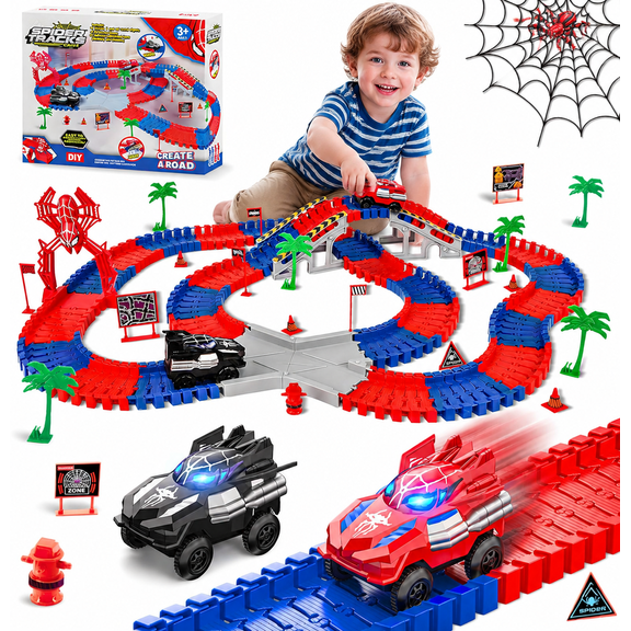 Spider Race Track Toys for Boys 4-6 with 2 Spider Cars (212PCS)| Monster Truck Toys for 3 4 5 6 7 8 Year Old Boys Girls, Toddler Tracks Playset, Kids Christmas Birthday Gifts Age 3-4 3-5 6-8