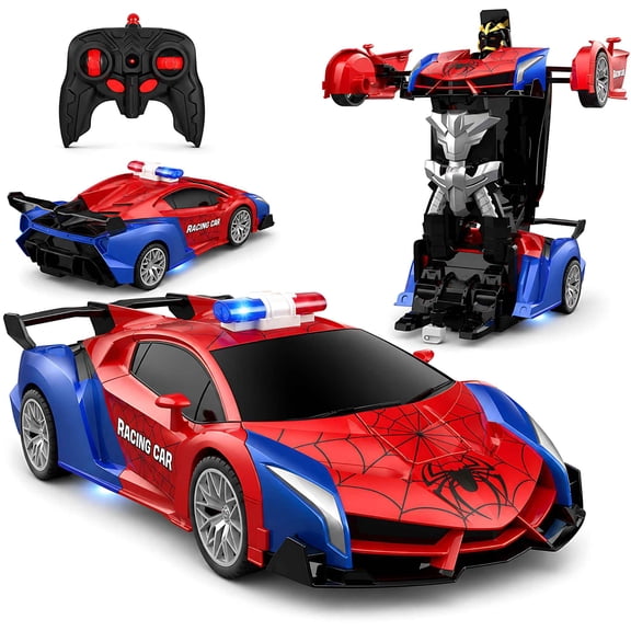 Spider Remote Control Car, 1:18 Scale Transforming Robot RC Vehicle with 2.4GHz Control, 360 Spin, LED Lights and 2 Rechargeable Batteries for Kids