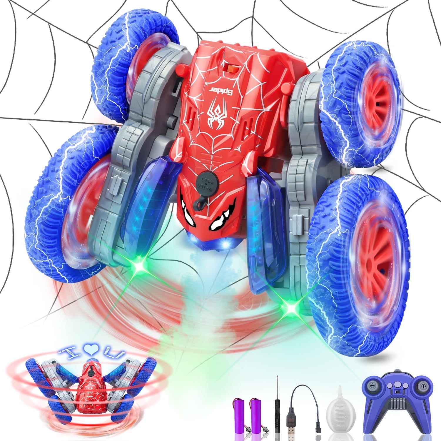 Spider Remote Control Car - 2.4Ghz 4WD RC Stunt Car with 360 Rotation Displays 4 LED Texts, Spray Function, LED Lights, Rechargeable Battery, for Boys and Girls