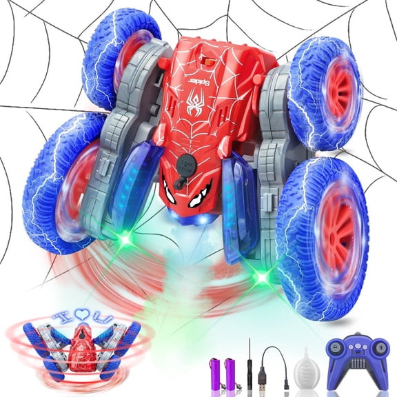Spider Remote Control Car - 2.4Ghz 4WD RC Stunt Car with 360° Rotation Displays 4 LED Texts, Spray Function, LED Lights, Rechargeable Battery, for Boys and Girls