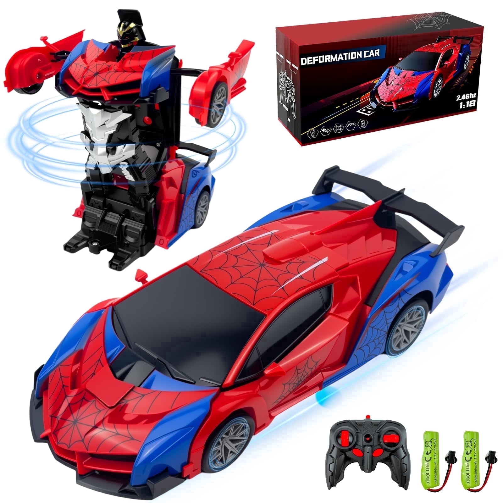 Spider Remote Controls Car, 1:18 Scale Transformer Robot Toy with 2.4GHz One-Button Deformation and 360° Rotation, RC Vehicle Gift for Boys Ages 3-12