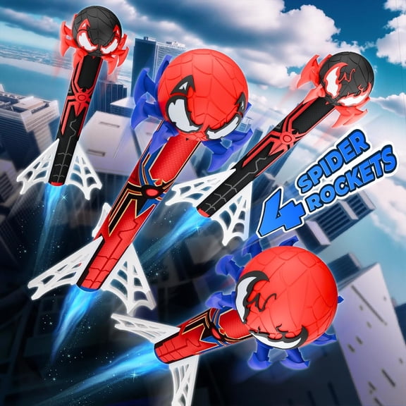 Spider Rocket Launcher for Kids - 4 Rocket Set with Web Pump, Stomp Launch Outdoor Toy, Fun Birthday Gift for Boys & Girls Ages  3 4 5 6 7 8 9 10 Toys Gifts for 4-7 8-12