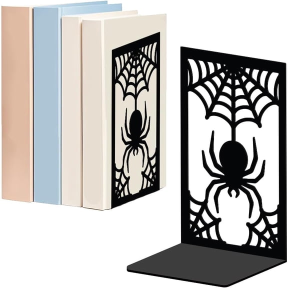 Spider and Spider Web Bookends for Shelves Decorative 1 Pair Cute Spider Gothic Non-Skid Heavy Duty Book Ends Metal Book Holder Black L-Shaped Book Stopper for Library Home Office Desk Black