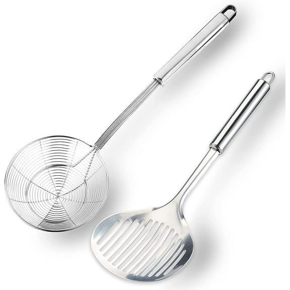 Spider Strainer, Set of 2-7Inch Solid Wire Strainer & 4.7 inch Slotted Ladle, Kitchen Spider Skimmer Strainer With Handle, For Cooking Deep Fryer, Pasta, Egg,Fat