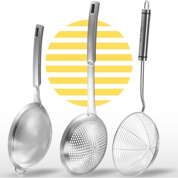 Spider Strainer Set of 3 count - Stainless Steel Frying Spoons for Cooking Skimmer Ladle for Oil Fryer Pasta and Durable Strainer Scoop Kitchen Utensil for Frying and Draining