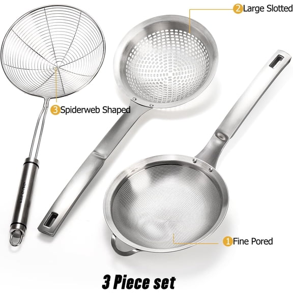 Spider Strainer Skimmer Spoon Set 3 Pack, Fine Mesh Stainless Steel Sieve Food Strainers, Large Hole Slotted Colander Frying Spoons, Strainer Ladle Wire Skimmer Spoon with Handle for Kitchen