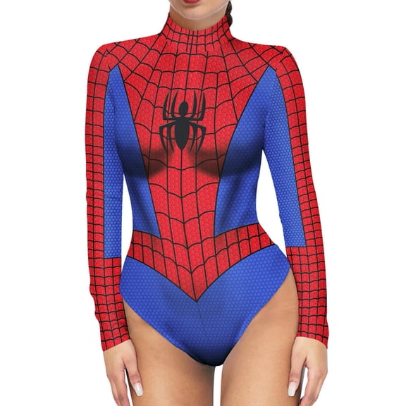 Spider Superhero Costume Cosplay Bodysuit, Classic Red and Blue Women Long Sleeve Bodysuit for Halloween Party Performance and Dress Up