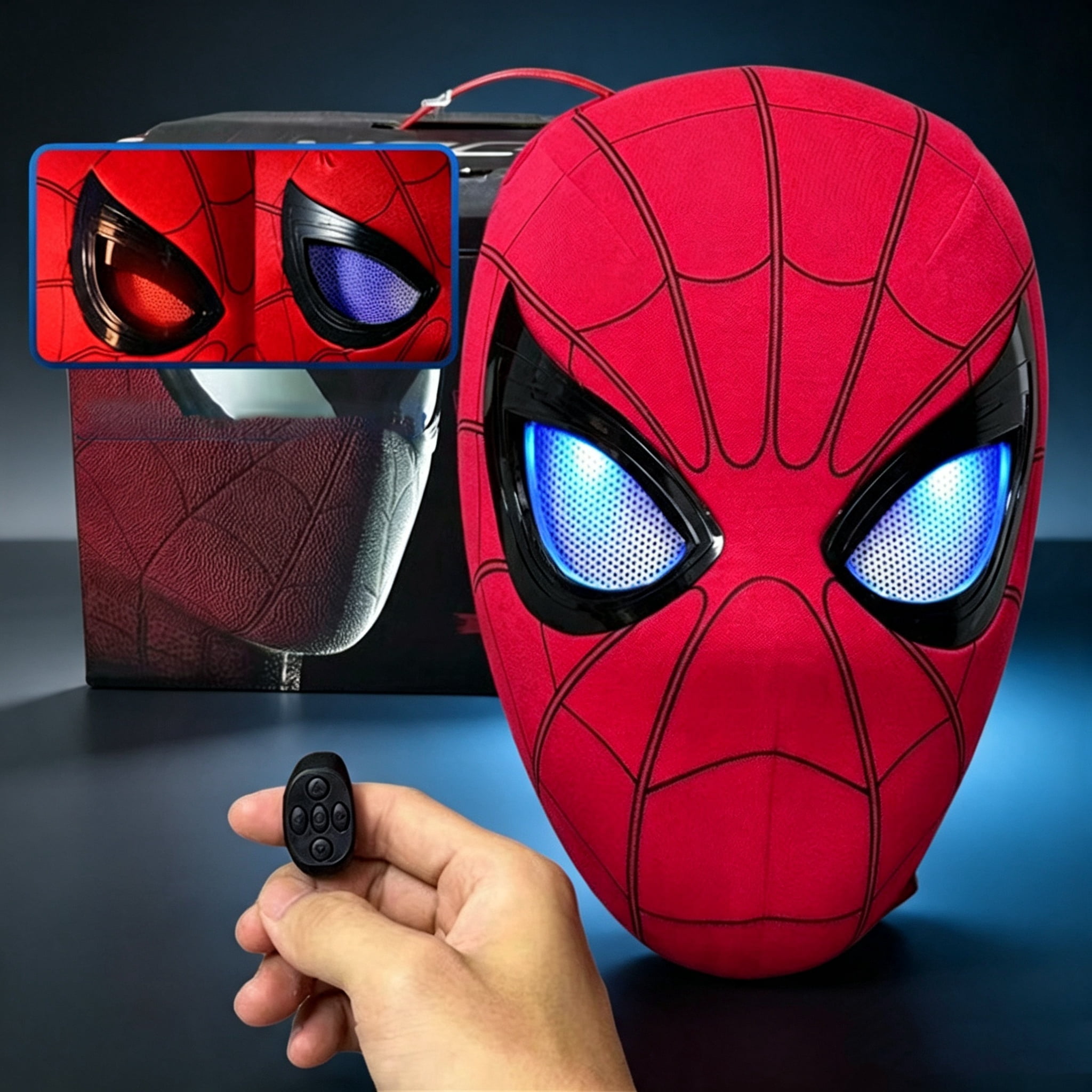 Spider Superhero Electric Mask with Moving Eyes Red Blue Light Ring Remote Control Helmet Cosplay Outfit Accessories Gift Color Box Packaging